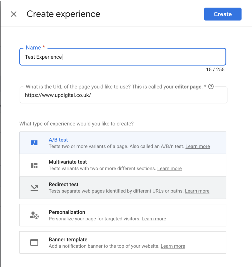 Create a experience in Google Optimise